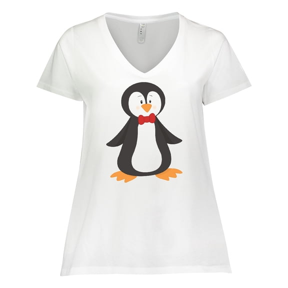 Inktastic Cute Penguin, Penguin With Red Bow Tie Women's Plus Size V-Neck T-Shirt