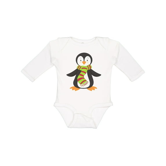 Inktastic Cute Penguin, Penguin With Striped Scarf Boys or Girls Long Sleeve Baby Bodysuit