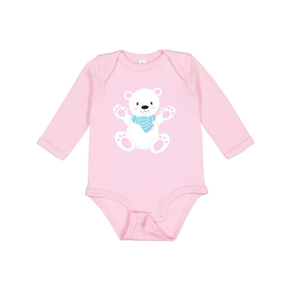 Inktastic Cute Polar Bear, White Bear With Blue Scarf Boys or Girls Long Sleeve Baby Bodysuit