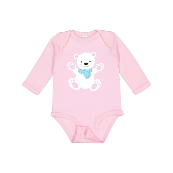 Inktastic Cute Polar Bear, White Bear With Blue Scarf Boys or Girls Long Sleeve Baby Bodysuit