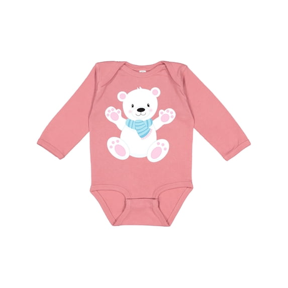 Inktastic Cute Polar Bear, White Bear With Blue Scarf Boys or Girls Long Sleeve Baby Bodysuit