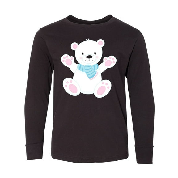 Inktastic Cute Polar Bear, White Bear With Blue Scarf Long Sleeve Youth T-Shirt
