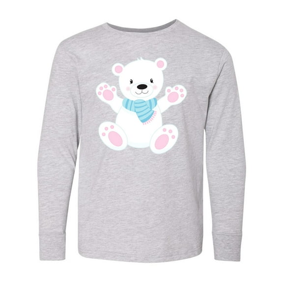 Inktastic Cute Polar Bear, White Bear With Blue Scarf Long Sleeve Youth T-Shirt