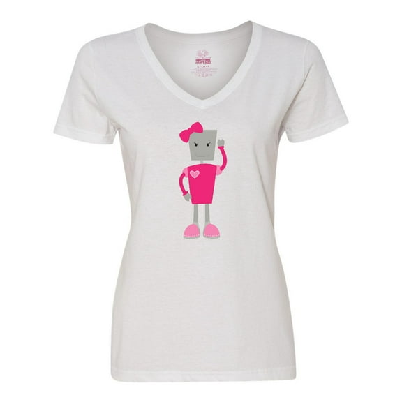 Inktastic Cute Robot, Girl Robot, Pink Robot With Ribbon Women's V-Neck T-Shirt