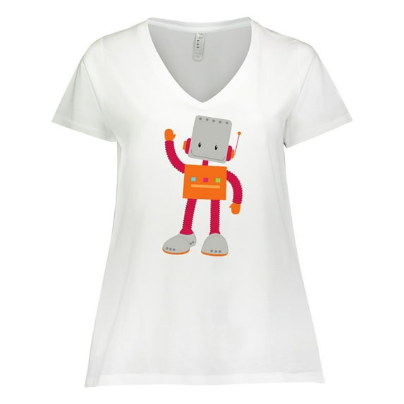 Inktastic Cute Robot, Smiling Robot, Colorful Robot Women's Plus Size V-Neck T-Shirt