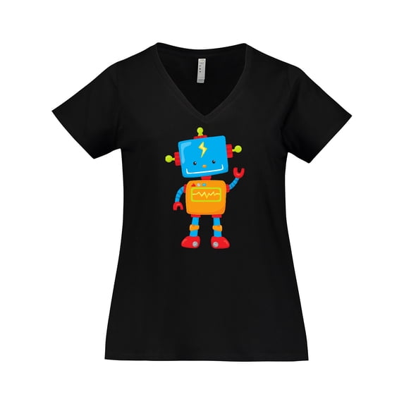 Inktastic Cute Robot, Waving Robot, Colorful Robot Women's Plus Size V-Neck T-Shirt