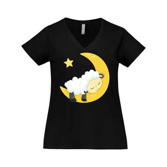Inktastic Cute Sheep Sleeping On The Moon, White Sheep, Star Women's Plus Size V-Neck T-Shirt