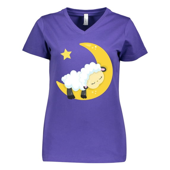Inktastic Cute Sheep Sleeping On The Moon, White Sheep, Star Women's V-Neck T-Shirt
