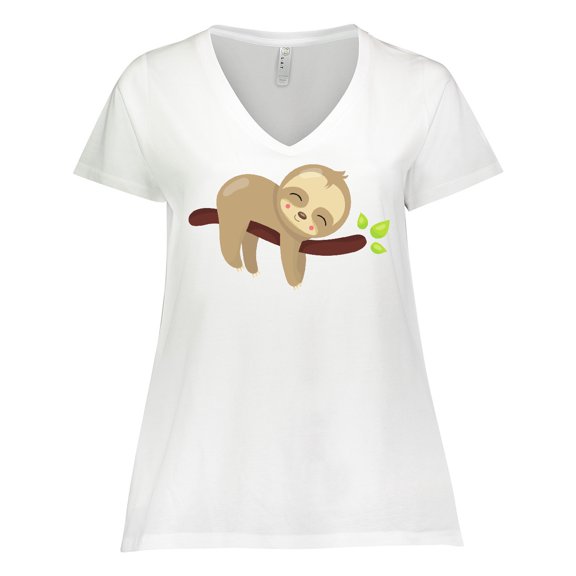 Inktastic Cute Sloth, Baby Sloth, Lazy Sloth, Sleeping Sloth Women's Plus Size V-Neck T-Shirt