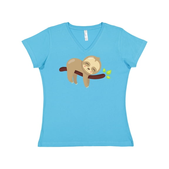 Inktastic Cute Sloth, Baby Sloth, Lazy Sloth, Sleeping Sloth Women's V-Neck T-Shirt