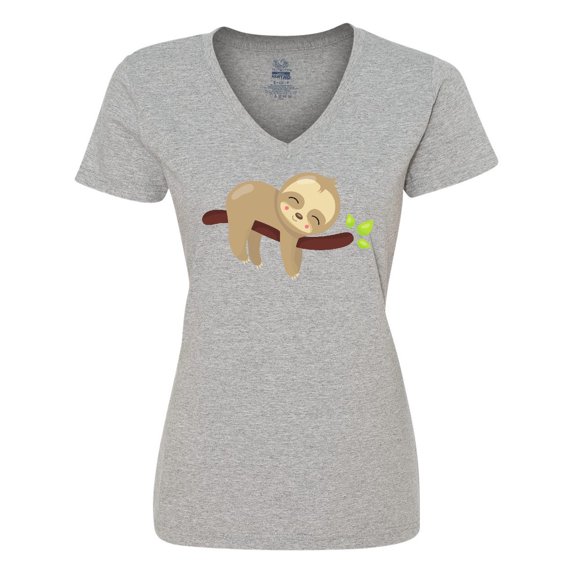 Inktastic Cute Sloth, Baby Sloth, Lazy Sloth, Sleeping Sloth Women's V-Neck T-Shirt