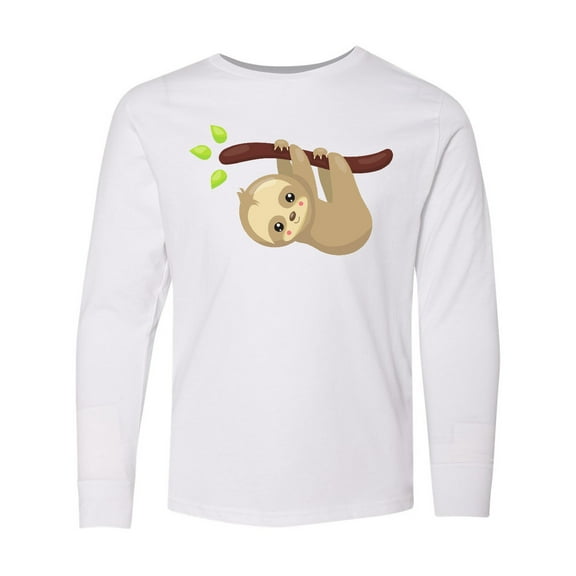 Inktastic Cute Sloth Hanging From Tree Branch, Lazy Sloth Long Sleeve Youth T-Shirt