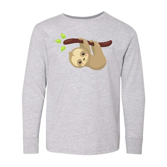 Inktastic Cute Sloth Hanging From Tree Branch, Lazy Sloth Long Sleeve Youth T-Shirt