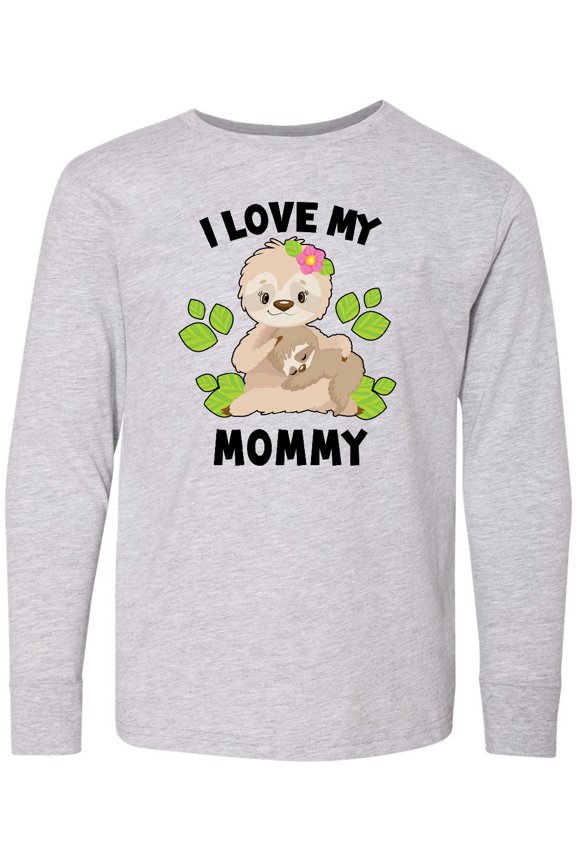 Cute Sloth I Love My Mommy with Green Leaves Long Sleeve Youth T-Shirt
