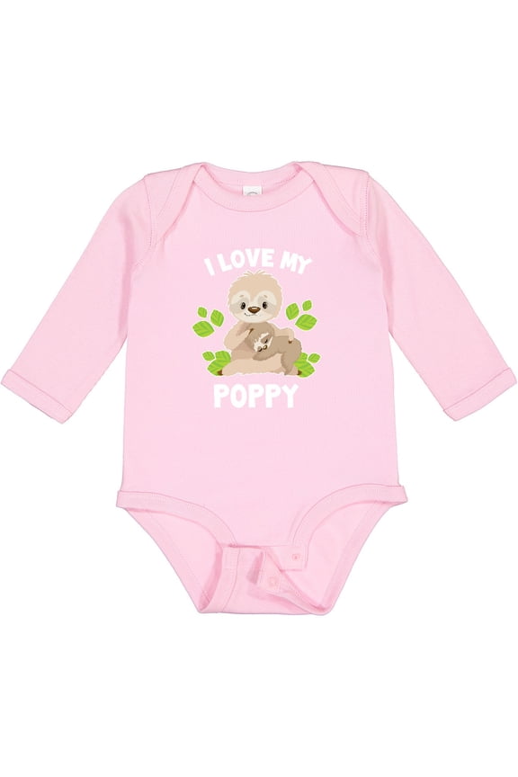 Cute Sloth I Love My Poppy with Green Leaves Boys or Girls Long Sleeve Baby Bodysuit