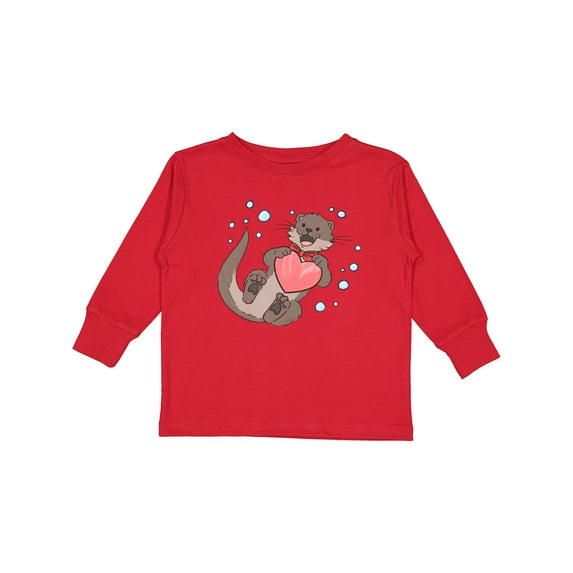 Inktastic Cute Smiling Valentine's Day Otter with Heart Boys or Girls Long Sleeve Toddler T-Shirt
