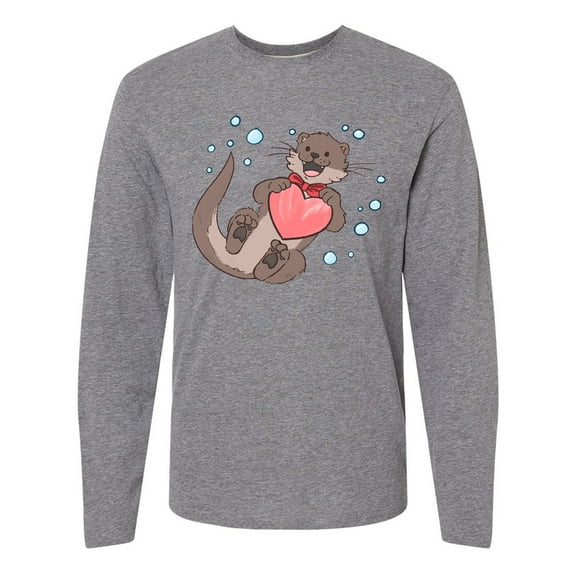 Inktastic Cute Smiling Valentine's Day Otter with Heart Long Sleeve T-Shirt