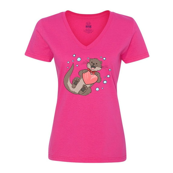 Inktastic Cute Smiling Valentine's Day Otter with Heart Women's V-Neck T-Shirt
