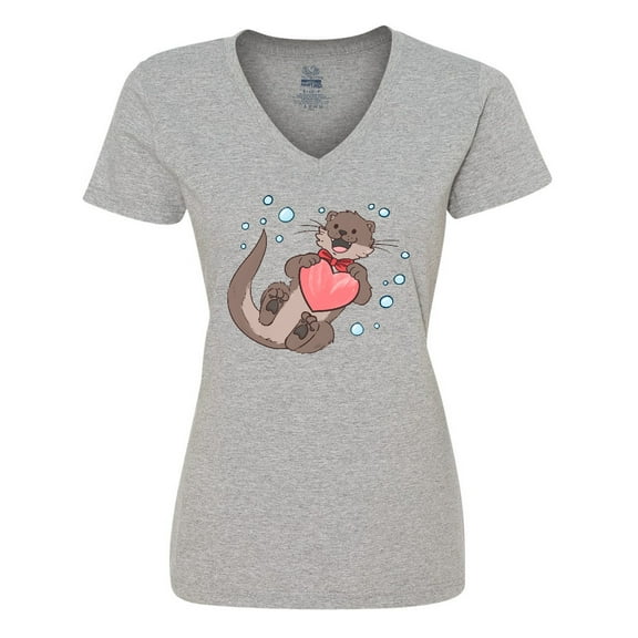 Inktastic Cute Smiling Valentine's Day Otter with Heart Women's V-Neck T-Shirt