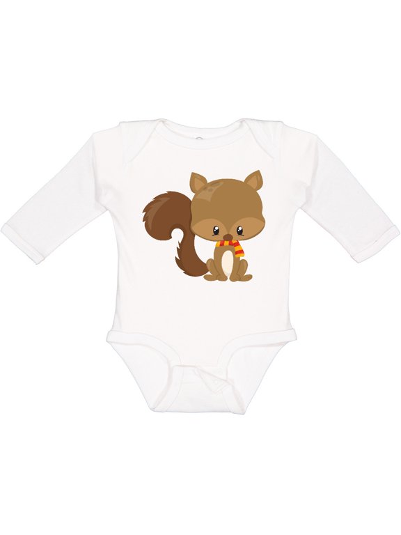 Cute Squirrel, Baby Squirrel, Squirrel with Scarf Boys or Girls Long Sleeve Baby Bodysuit