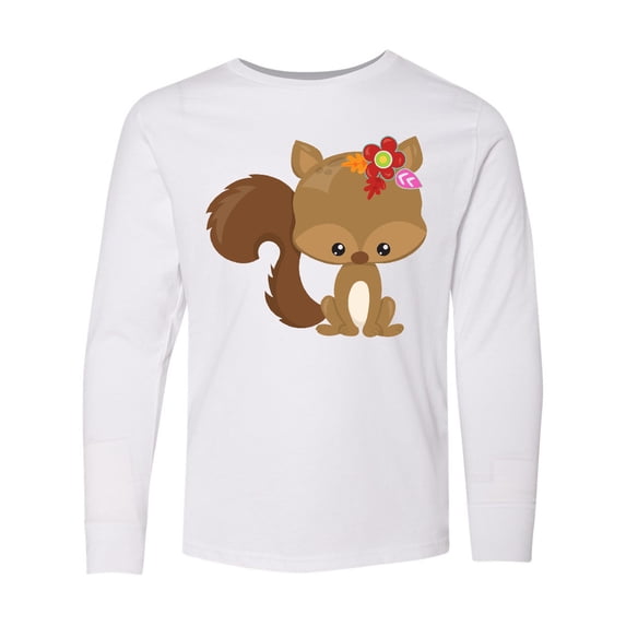 Inktastic Cute Squirrel, Squirrel With Flowers, Fluffy Tail Long Sleeve Youth T-Shirt