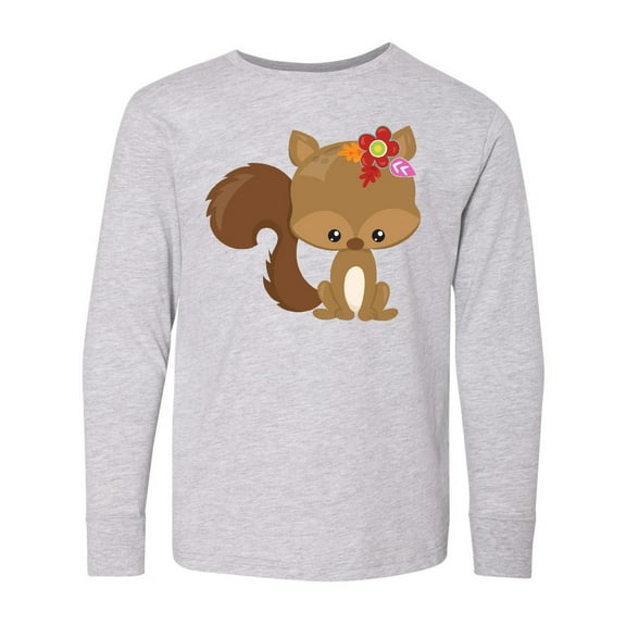 Inktastic Cute Squirrel, Squirrel With Flowers, Fluffy Tail Long Sleeve Youth T-Shirt