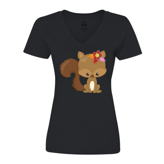 Inktastic Cute Squirrel, Squirrel With Flowers, Fluffy Tail Women's V-Neck T-Shirt