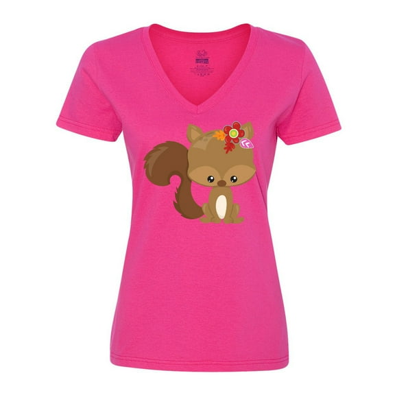 Inktastic Cute Squirrel, Squirrel With Flowers, Fluffy Tail Women's V-Neck T-Shirt