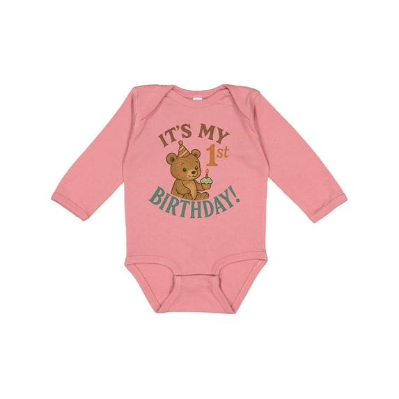 Inktastic Cute Teddy Bear 1st Birthday Celebration Boys or Girls Long Sleeve Baby Bodysuit