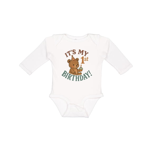 Inktastic Cute Teddy Bear 1st Birthday Celebration Boys or Girls Long Sleeve Baby Bodysuit