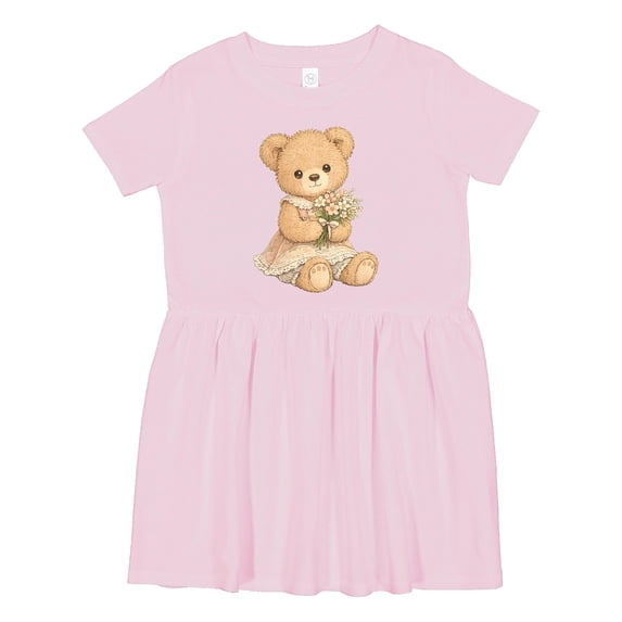 Inktastic Cute Teddy Bear Holding Flowers Girls Toddler Dress