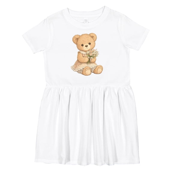 Inktastic Cute Teddy Bear Holding Flowers Girls Toddler Dress