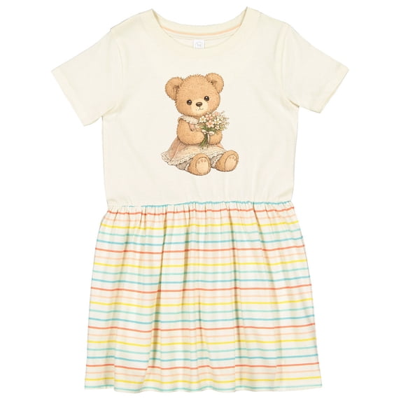 Inktastic Cute Teddy Bear Holding Flowers Girls Toddler Dress