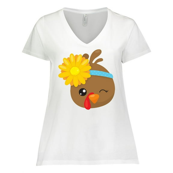 Inktastic Cute Turkey, Brown Turkey, Turkey with Sunflower Women's Plus Size V-Neck T-Shirt
