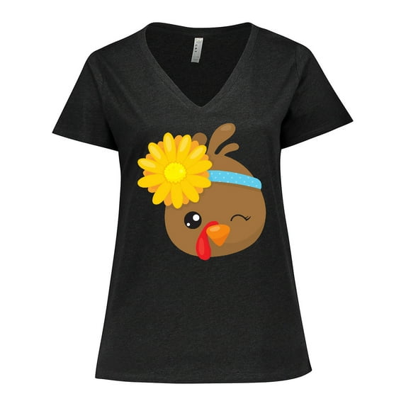 Inktastic Cute Turkey, Brown Turkey, Turkey with Sunflower Women's Plus Size V-Neck T-Shirt