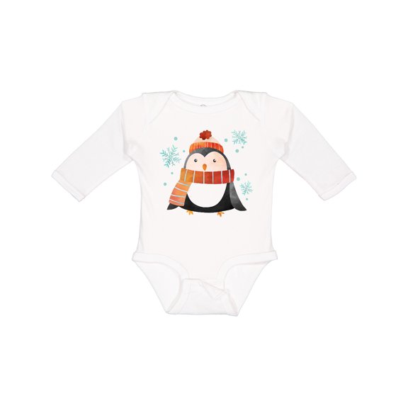 Inktastic Cute Winter Penguin in Hat and Scarf with Snowflakes Boys or Girls Long Sleeve Baby Bodysuit