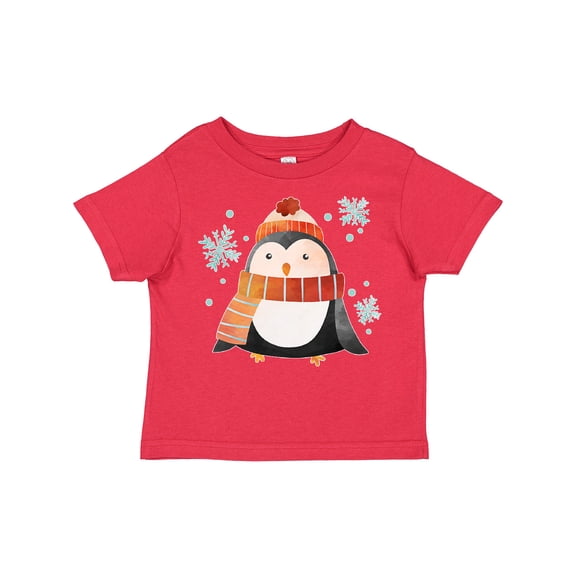 Inktastic Cute Winter Penguin in Hat and Scarf with Snowflakes Boys or Girls Toddler T-Shirt