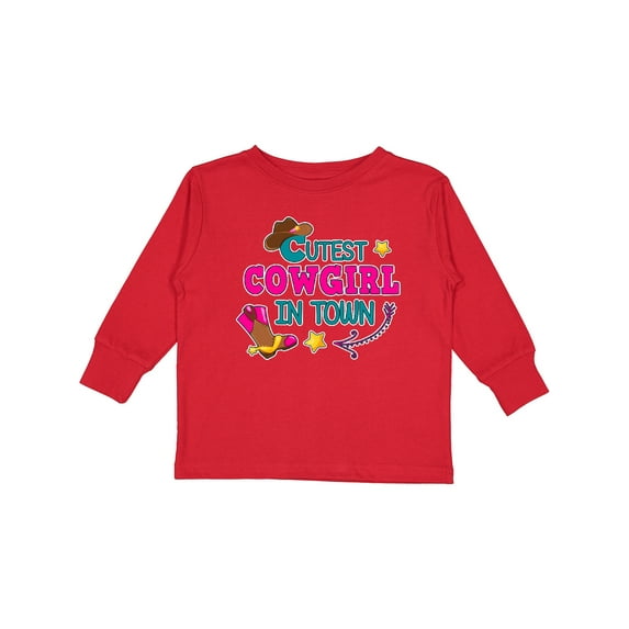Inktastic Cutest Cowgirl in Town with Cowgirl Hat and Boots Girls Long Sleeve Toddler T-Shirt