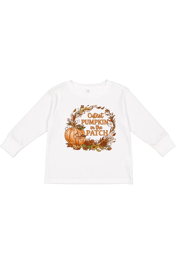 Cutest Pumpkin in the Patch with Autumn Leaves Boys or Girls Long Sleeve Toddler T-Shirt
