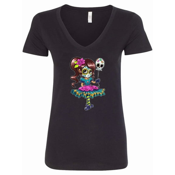 Inktastic DÃÂa De Los Muertos Girl with Skull Balloon Women's V-Neck T-Shirt