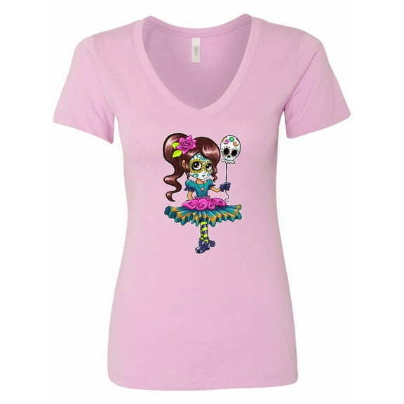 Inktastic DÃ­a De Los Muertos Girl with Skull Balloon Women's V-Neck T-Shirt