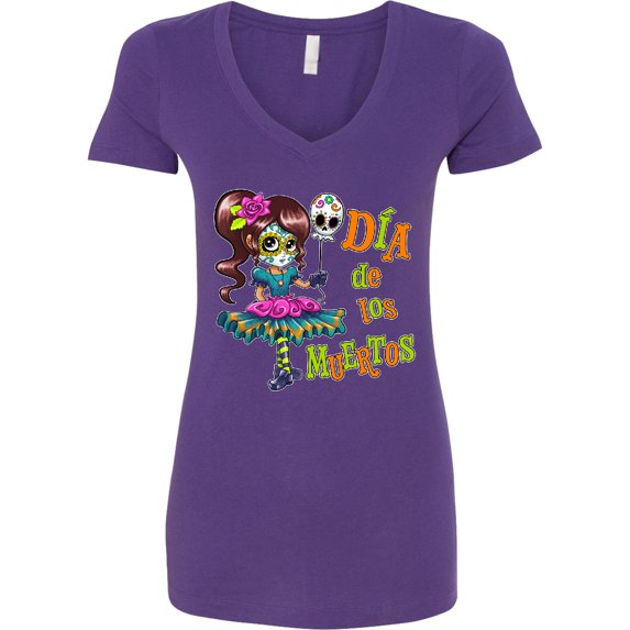 Inktastic DÃa De Los Muertos Girl with Skull Balloon Women's V-Neck T-Shirt