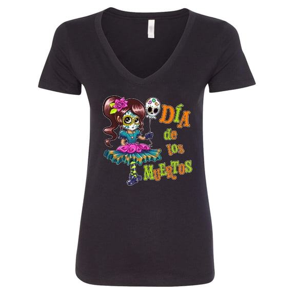Inktastic DÃa De Los Muertos Girl with Skull Balloon Women's V-Neck T-Shirt