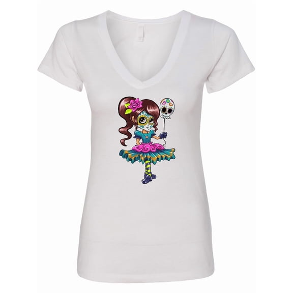 Inktastic DÃ­a De Los Muertos Girl with Skull Balloon Women's V-Neck T-Shirt