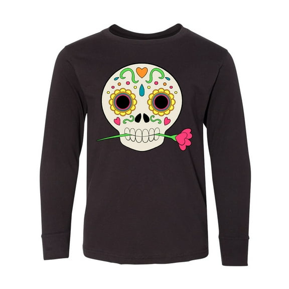 Inktastic DÃa de los Muertos Skull with Flower Long Sleeve Youth T-Shirt