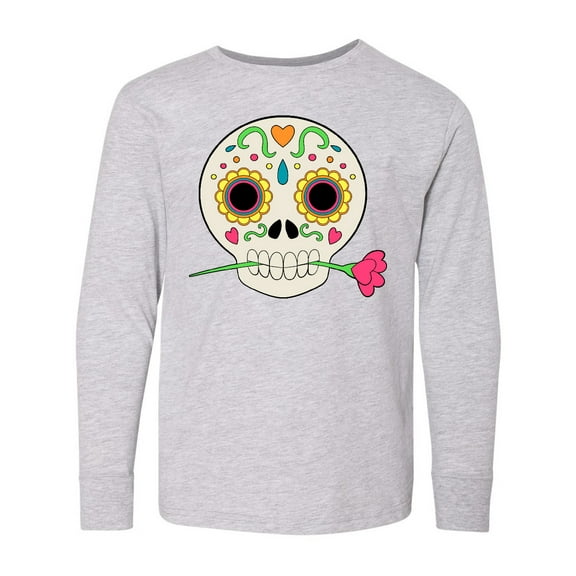 Inktastic Día de los Muertos Skull with Flower Long Sleeve Youth T-Shirt