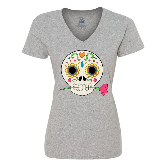 Inktastic Día de los Muertos Skull with Flower Women's V-Neck T-Shirt