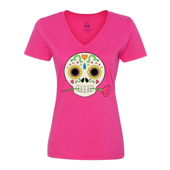 Inktastic DÃa de los Muertos Skull with Flower Women's V-Neck T-Shirt