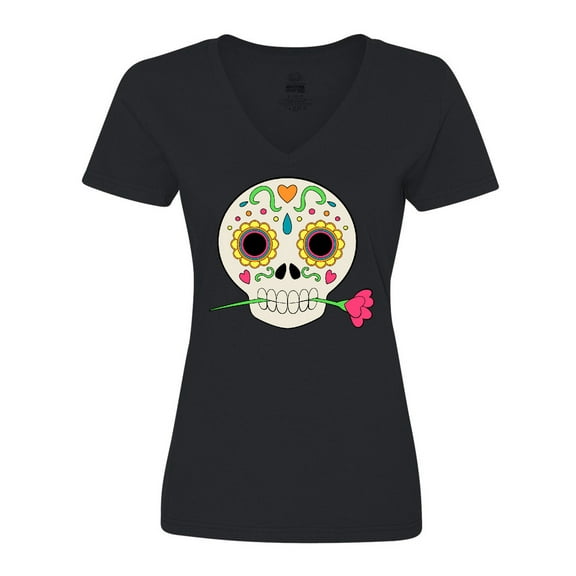 Inktastic Día de los Muertos Skull with Flower Women's V-Neck T-Shirt