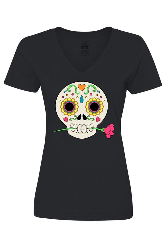 Día de los Muertos Skull with Flower Women's V-Neck T-Shirt